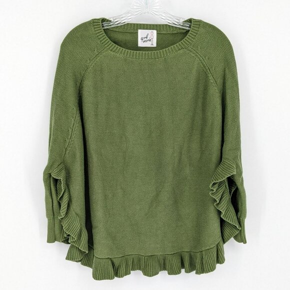April Marin Poncho Sweater One Size Grassy Green Ruffle Trim Cotton Open Side - Picture 1 of 10